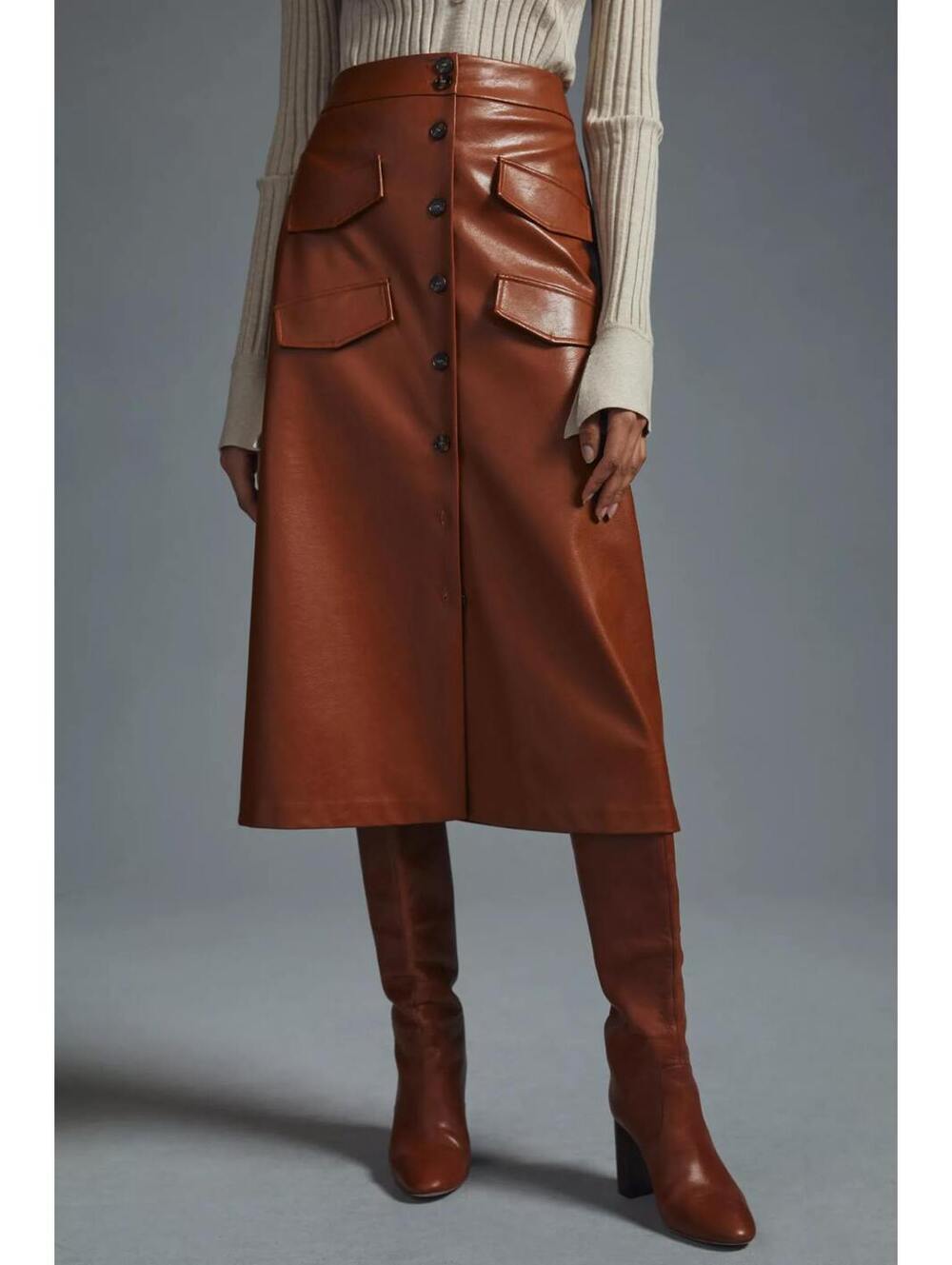 Mare Mare x Anthropologie Plus Size 3X Brown Faux Leather Button Front Skirt NWT